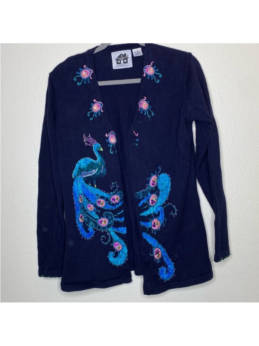Vintage Navy Open Cardigan with Blue Peacock Embroidery